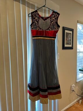 Beautiful Indian Party Dress Embroidered Red and Gray Sleeveless Evening Dress